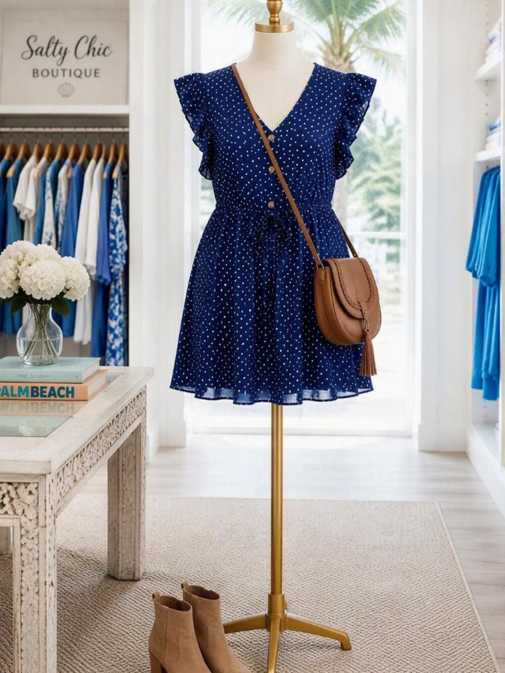 SHEIN Navy Blue Polka Dot Ruffle Sleeve Mini Dress